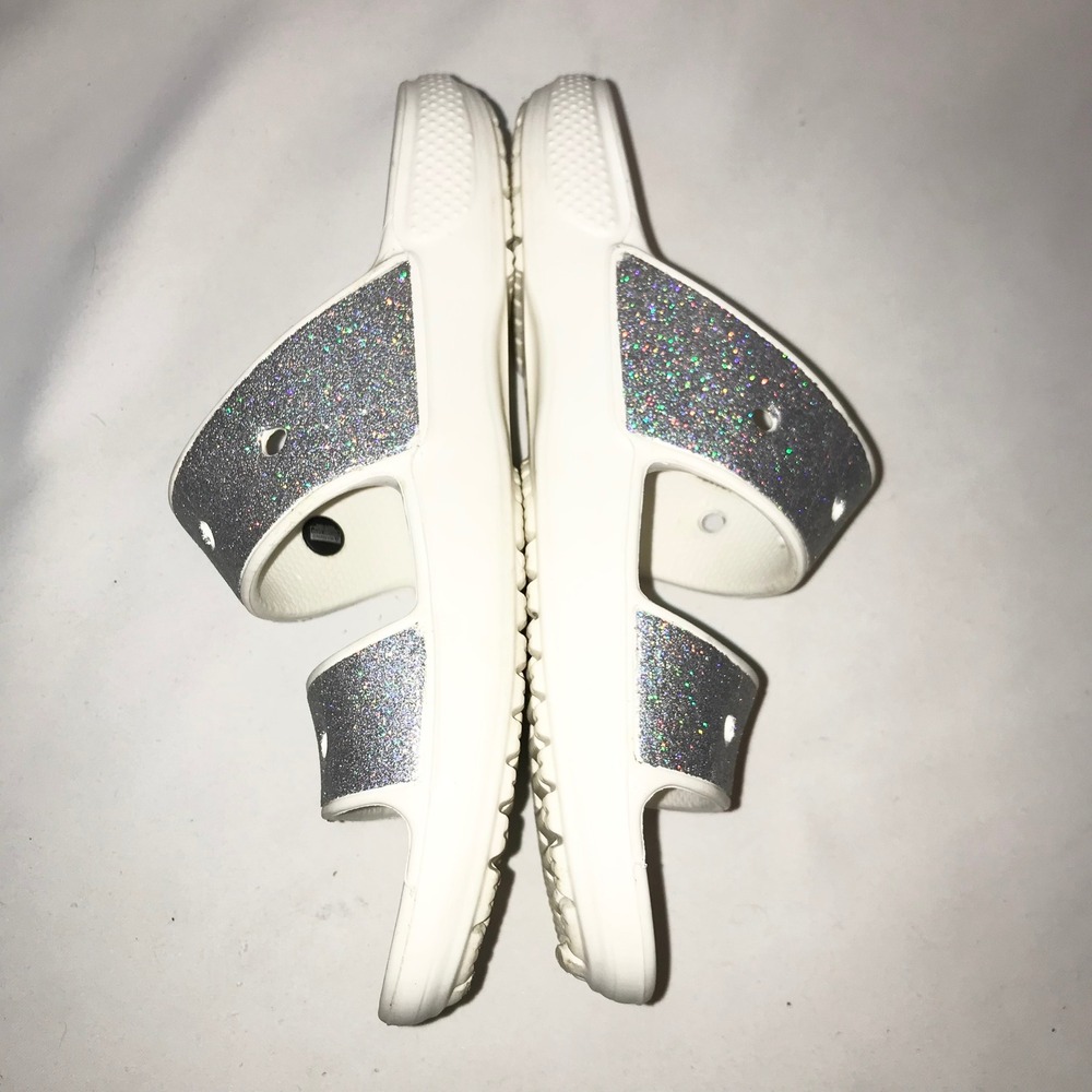 Crocs Classic Glitter Sandals Silver Strap Slides Womens 7 Mens 5 Comfort Summer - Picture 9 of 13